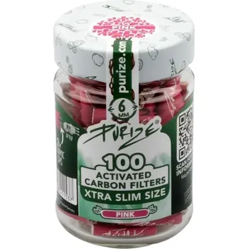 Purize XTRA Slim 6 mm filtry růžové, sklenice 100 ks (Purize XTRA Slim 6 mm filtry růžové, sklenice 100 ks. Filtry PURIZE s aktivním uhlím jsou vyrobeny z ekologicky šetrných surovin. Cigaretové filtry aktivně snižují množství škodlivin vzniklých hořením.