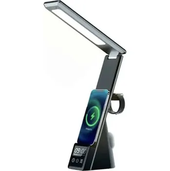 Lampička Mobilly 5v1, stolní lampička, 15W bezdrátová nabíječka, budík, stojánek na telefon, černá