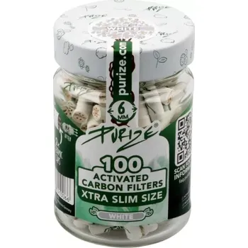 Purize XTRA Slim 6 mm filtry bílé, sklenice 100 ks (Purize XTRA Slim 6 mm filtry bílé, sklenice 100 ks. Filtry PURIZE s aktivním uhlím jsou vyrobeny z ekologicky šetrných surovin. Cigaretové filtry aktivně snižují množství škodlivin vzniklých hořením.)
