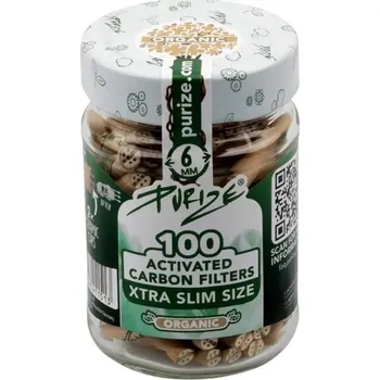 Purize XTRA Slim 6 mm filtry Organic, sklenice 100 ks (Purize XTRA Slim 6 mm filtry Organic, sklenice 100 ks. Filtry PURIZE s aktivním uhlím jsou vyrobeny z ekologicky šetrných surovin. Cigaretové filtry aktivně snižují množství škodlivin vzniklých hoření