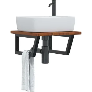 Koupelnový nábytek vidaXL Deska pod umyvadlo nástěnná ocel a masivní dubové dřevo [3302383] Barva: tmavě hnědá a černá