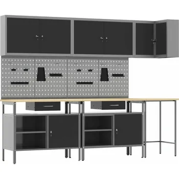 Dílenský stůl vidaXL Sada pracovní skříně se zásuvkou s policí 10 pcs Černá a šedá [3321518]