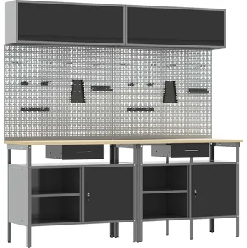 Dílenský stůl vidaXL Sada pracovního stolu se zásuvkou s policí 8 pcs Černá Ocel [3321498]