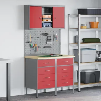 Dílenský stůl vidaXL Sada pracovní skříně se zásuvkou s policí 5 pcs Červená [3321423]