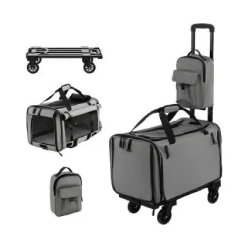 Pelíšek pro psa Cestovní taška PV10093GR, na přepravu domácích mazlíčků, s koly, s teleskopickou rukojetí, šedá - A COSTWAY