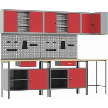 Dílenský stůl vidaXL Sada pracovní skříně se zásuvkou s policí 10 pcs Červená a šedá [3321521]