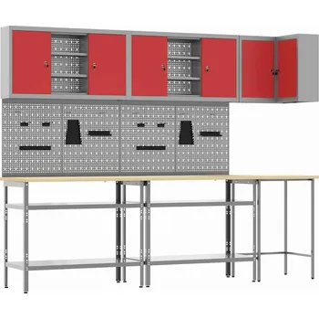 Dílenský stůl vidaXL Sada pracovní skříně s policí s úložištěm 10 pcs Červená a šedá [3321517]