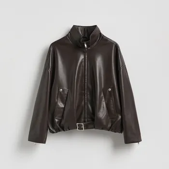 Reserved - Bunda se stojáčkem z napodobeniny kůže - tmavě hnědá - 524IA-89X - 524IA-89X-XS