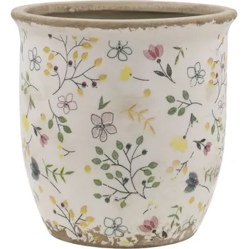 Květináč Béžový antik keramický obal květináč s květy Cavaillon M - Ø 14,5*14,5 cm