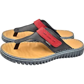 Dámské žabky 8081 - 60V/R41 Dámské kožené zdravotní žabky – černé s červeným páskem 39