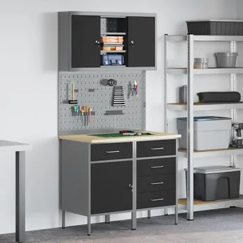 Dílenský stůl vidaXL Sada pracovní skříně se zásuvkou s policí se zámkem 5 pcs Černá [3321426]