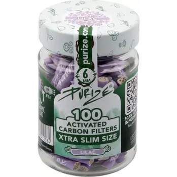 Purize XTRA Slim 6 mm filtry fialové, sklenice 100 ks (Purize XTRA Slim 6 mm filtry fialové, sklenice 100 ks. Filtry PURIZE s aktivním uhlím jsou vyrobeny z ekologicky šetrných surovin. Cigaretové filtry aktivně snižují množství škodlivin vzniklých hoření