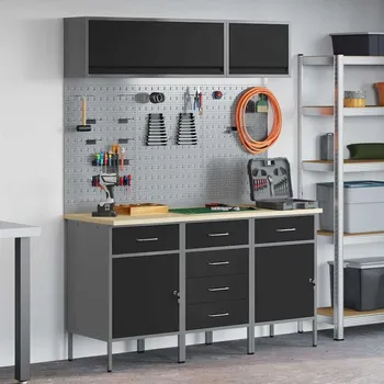 Dílenský stůl vidaXL Sada pracovní skříně se zásuvkou s úložištěm 8 pcs Černá [3321444]