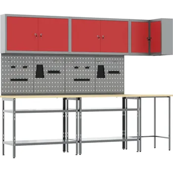 Dílenský stůl vidaXL Sada pracovní skříně s policí s úložištěm 10 pcs Červená a šedá [3321515]