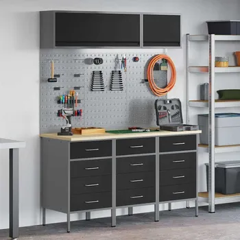 Dílenský stůl vidaXL Sada pracovní skříně se zásuvkou s úložištěm 8 pcs Černá [3321438]