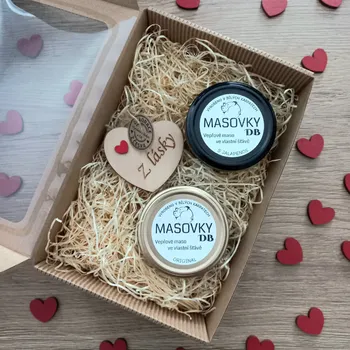 Dárkový potravinový koš Dárková sada Z lásky - 2 masovky a srdíčko 1.sklenička: Originál, 2.sklenička: S feferony