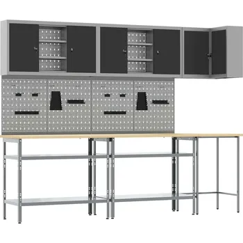 Dílenský stůl vidaXL Sada pracovní skříně s policí s úložištěm 10 pcs Černá a šedá [3321516]