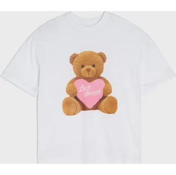 Dívčí oblečení Sinsay - Bavlněné oversized tričko s potiskem medvídka - bílá - 302GW-00X - 302GW-00X-140