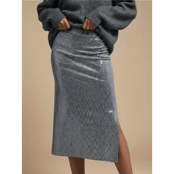 Dámské oblečení Sinsay - Flitrová midi sukně s rozparkem - sříbrná - ZB174-SLV - ZB174-SLV-S