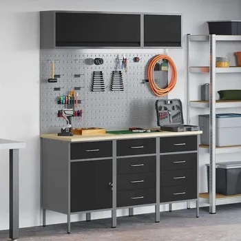 Dílenský stůl vidaXL Sada pracovní skříně se zásuvkou s úložištěm 8 pcs Černá [3321450]