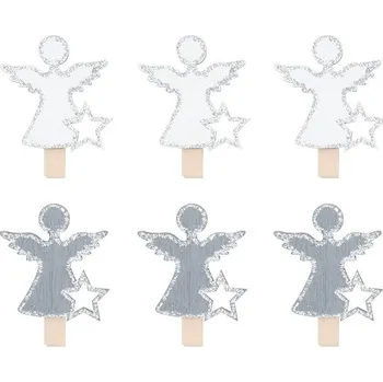 Vánoční dekorace Anděl dřevěný na kolíčku 4 cm šedý a bílý, 6 ks
