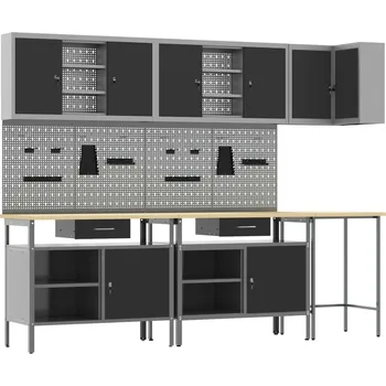 Dílenský stůl vidaXL Sada pracovní skříně se zásuvkou s policí 10 pcs Černá a šedá [3321520]