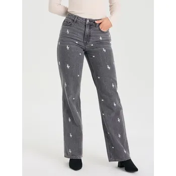 Dámské džíny Sinsay - Džíny wide leg s vysokým pasem a květinovou výšivkou - šedá - 901GY-90J - 901GY-90J-32