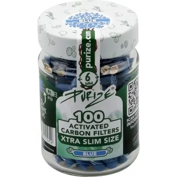 Purize XTRA Slim 6 mm filtry modré, sklenice 100 ks (Purize XTRA Slim 6 mm filtry modré, sklenice 100 ks. Filtry PURIZE s aktivním uhlím jsou vyrobeny z ekologicky šetrných surovin. Cigaretové filtry aktivně snižují množství škodlivin vzniklých hořením.)