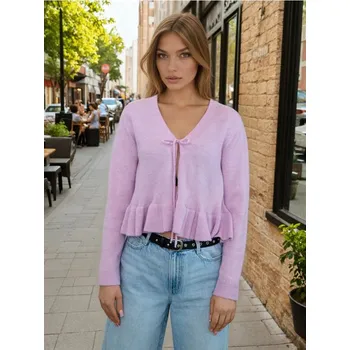 Dámský svetr Sinsay - Kardigan s vázáním a dekorativní volánkem - fialová - 528GZ-40M - 528GZ-40M-XXL