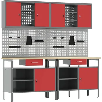 Dílenský stůl vidaXL Sada pracovního stolu 8 pcs Červená 200 x 55 x 200 cm Ocel [3321497]