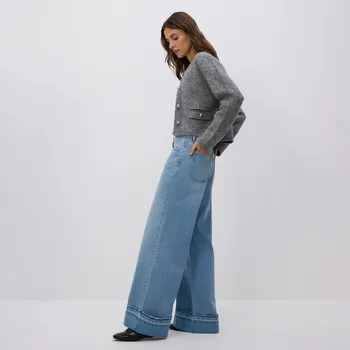 Dámské džíny Reserved - Džíny s širokými nohavicemi a ohrnutým lemem - modrá - 625GT-55J - 625GT-55J-34