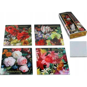 Obraz Carmani® Carmani - Sada 4 skleněných tácků pod skleničky, Barokní květiny v dárkovém balení - 4*10,5*10,5 cm