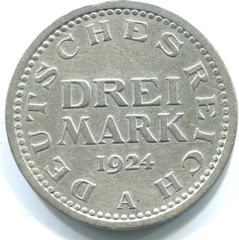 NĚMECKO. 3 Mark 1924/A. Ag.