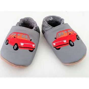 Dětská treková obuv baBice Kožené capáčky barefoot s výšivkou šedá, auto