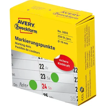 Samolepící etiketa Kulaté etikety v zásobníku Avery Zweckform - zelené, průměr 19 mm, 250