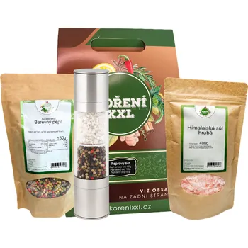 Koření Koření XXL Dárkové balení koření s nerezovým mlýnkem Nerezový mlýnek, himalájská sůl 400g a zelený pepř 100g: Nerezový mlýnek, himalájská sůl a zelený pepř