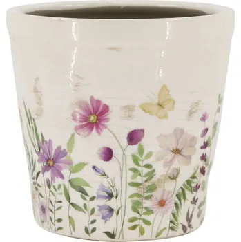 Květináč Béžový antik keramický obal květináč s květy Avignon L - Ø 21*19 cm