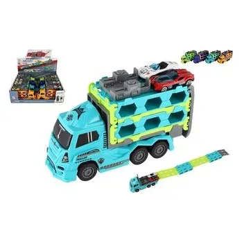 autíčko Auto kamion přepravník + auto 2ks plast 22cm na setrvačník 4 barvy 8ks v boxu