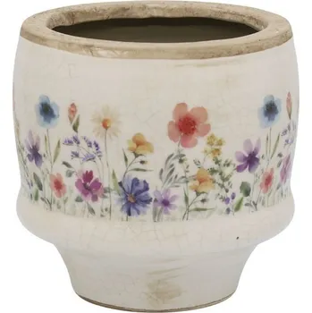 Květináč Béžový antik keramický obal květináč s květy Fleurville S - Ø 12*10 cm