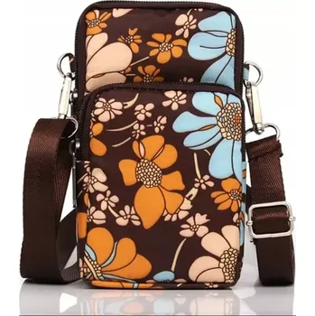 Taštička přes rameno KVĚTINA RO78 (Malá dámská taštička na telefon a doklady přes rameno s potiskem květin - hnědá)
