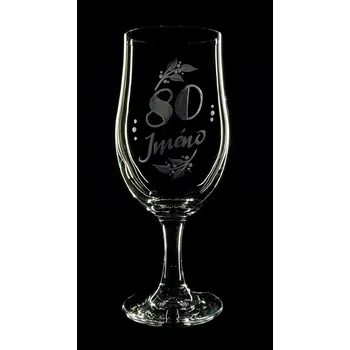Sklenice Sklenka na pivo 380ml. k 80 narozeninám - ručně ryté (broušené), dárková krabička