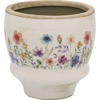 Květináč Béžový antik keramický obal květináč s květy Fleurville M - Ø 14*12 cm
