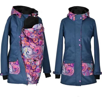 Těhotenská móda Softshellový nosící kabát 2v1 - modrý žíhaný/ornamenty Velikost: M