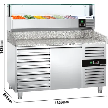 Lednice G.Gastro Chladicí pizza stůl PREMIUM - 1,5 x 0,8 m - s 1 dveřmi & 7 neutrálními šuplíky