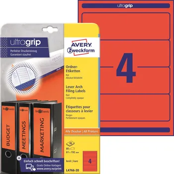 Samolepící etiketa Samolepicí etikety na pořadače Avery Zweckform - 192 x 61 mm, červená,