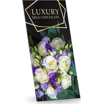 Čokoláda LUXURY bílé růže, mléčná čokoláda s mandlemi a malinami 175g