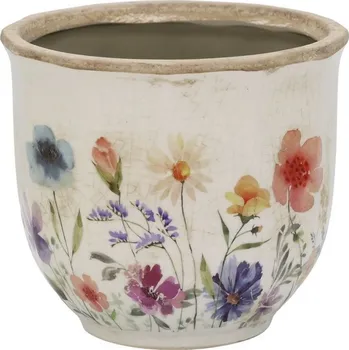 Květináč Béžový antik keramický obal květináč s květy Fleurville - Ø 14*12 cm