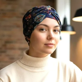 Ebbie Bavlněný turban-style - ETNO NA MODRÉ Velikost: 54