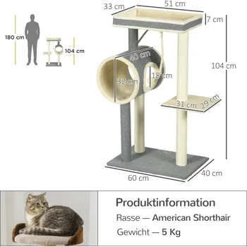 Pelíšek pro kočku PawHut škrabadlo pro kočky, 1 jeskyně pro kočky, 2 plochy na ležení, 60 cm x 40 cm x 104 cm, šedá + příroda