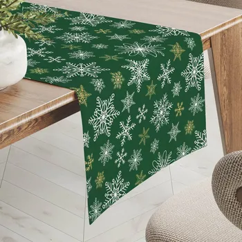 ubrus Bavlněný běhoun na stůl Sandra SA-703 Vánoční vločky na zeleném 20x120 cm